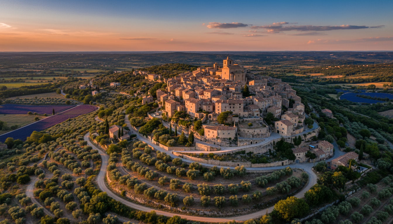 aerial view of Gordes village perched on a hillside, stone buildings clustered together with terraco