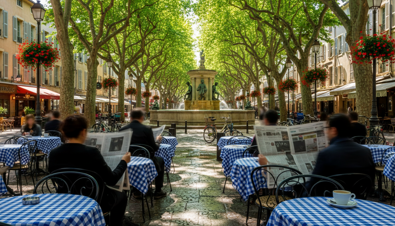 morning scene on Cours Mirabeau in Aix-en-Provence, dappled sunlight through plane trees, outdoor ca
