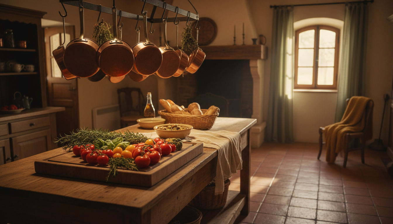 rustic Provenal kitchen with terracotta tiles, copper pots hanging, fresh tomatoes and herbs on a wo