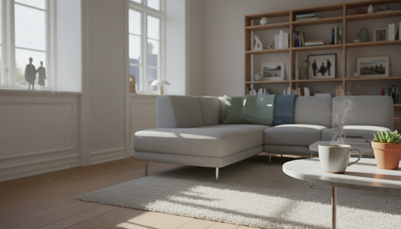 cozy Copenhagen apartment interior with morning light streaming through tall windows, Danish design