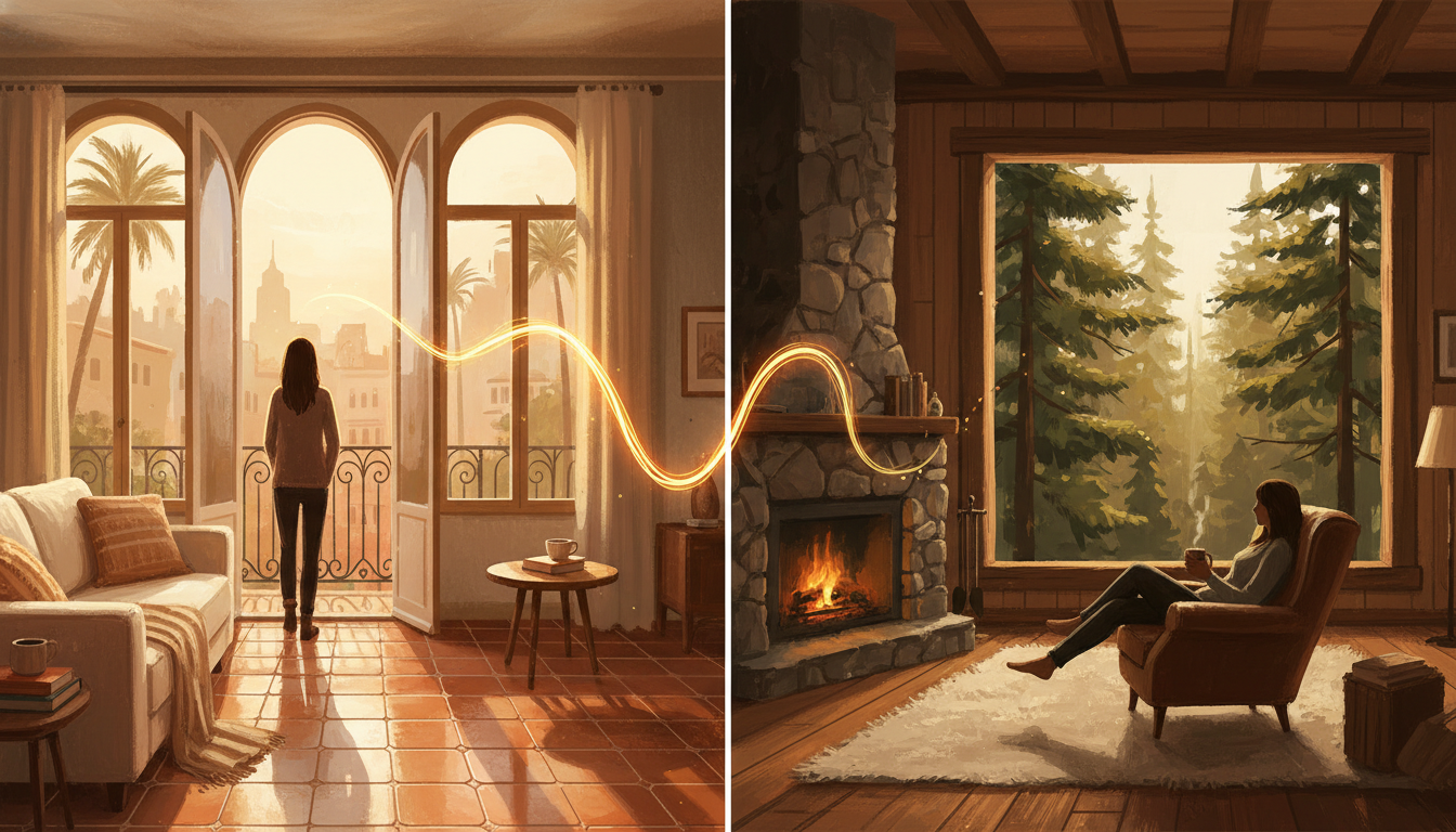 split-screen visual showing two different homesa sunny Barcelona apartment with terracotta tiles and