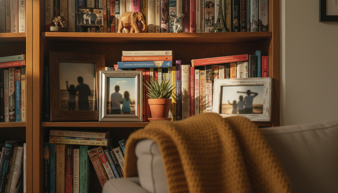 close-up of a lived-in bookshelf in a London flat showing eclectic book collection, travel souvenirs