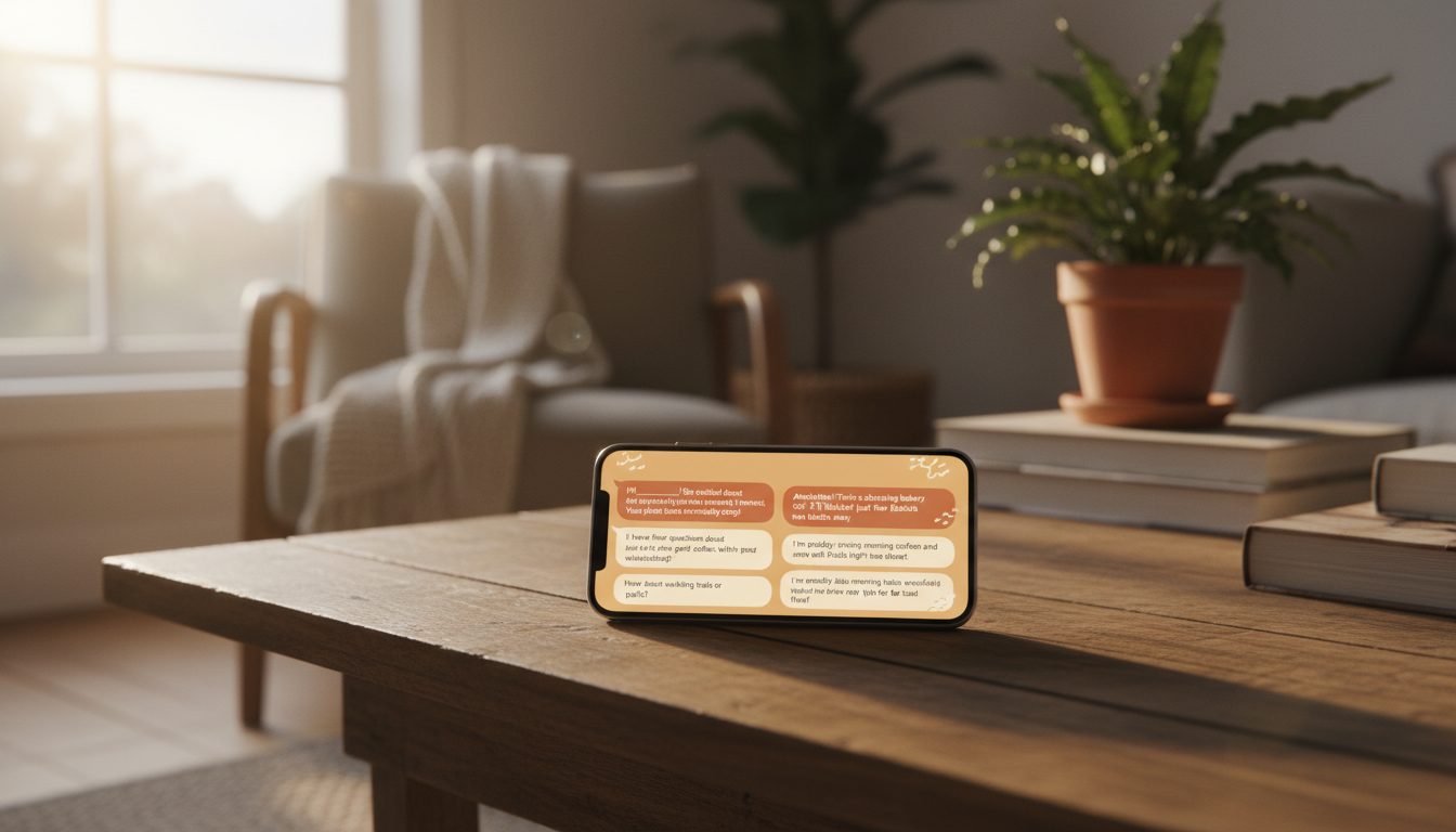 smartphone screen showing a warm, friendly home swap message conversation with personalized question