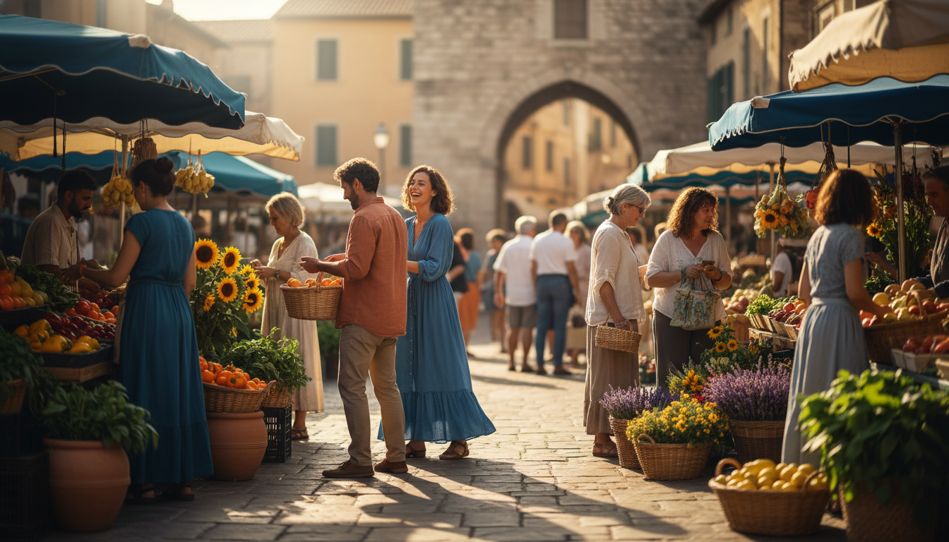 bustling morning scene at a European outdoor market with vendors and customers exchanging goods, smi