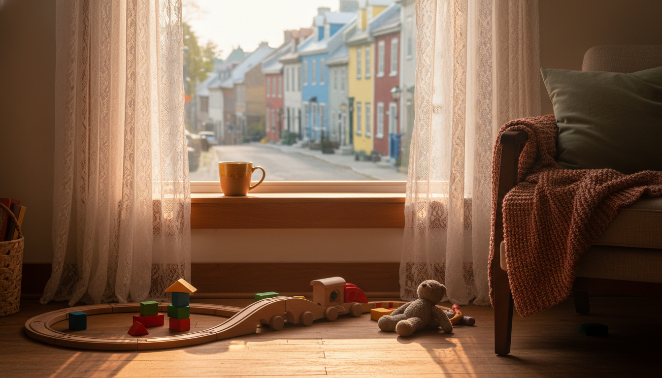 Morning light streaming through lace curtains in a cozy Quebec apartment, childs toys visible on a w