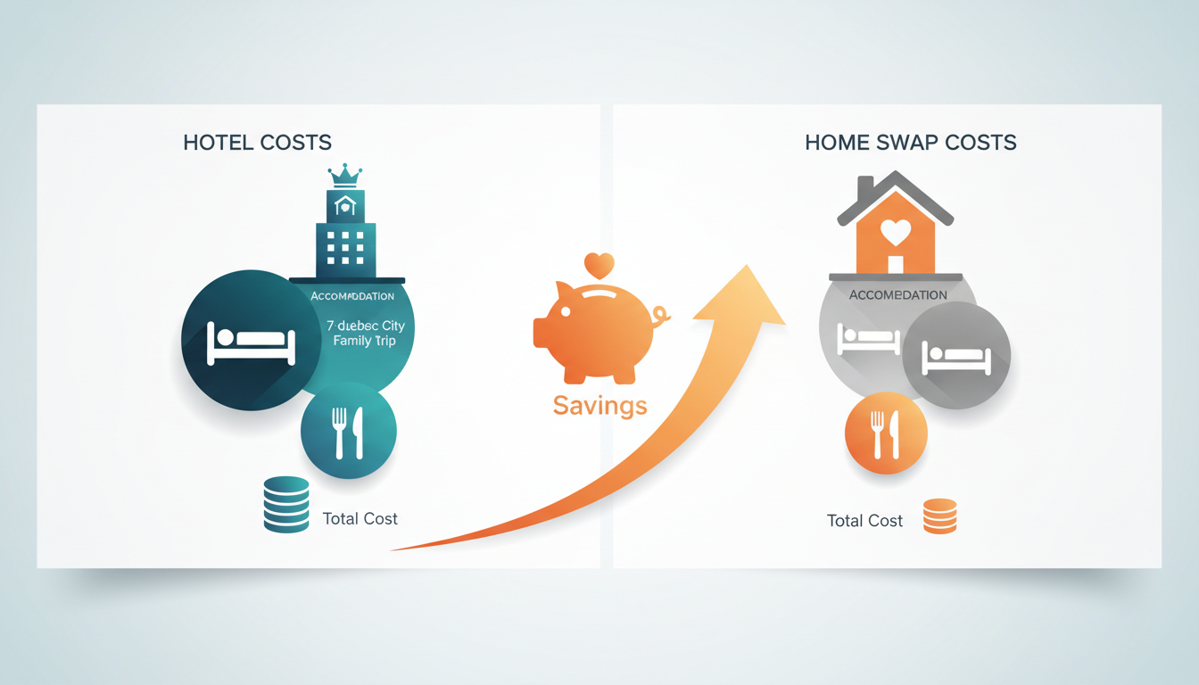 Split-screen infographic showing hotel costs vs home swap costs for a 7-day Quebec City family trip,