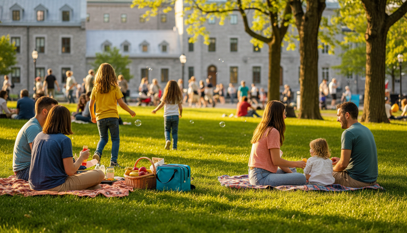 Families gathered in a sun-dappled park with historic stone buildings visible in background, childre