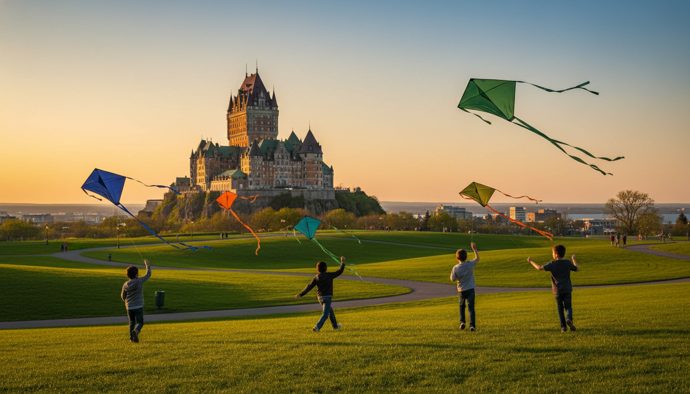 Wide expanse of green parkland with children flying kites, the Chteau Frontenac visible on the cliff