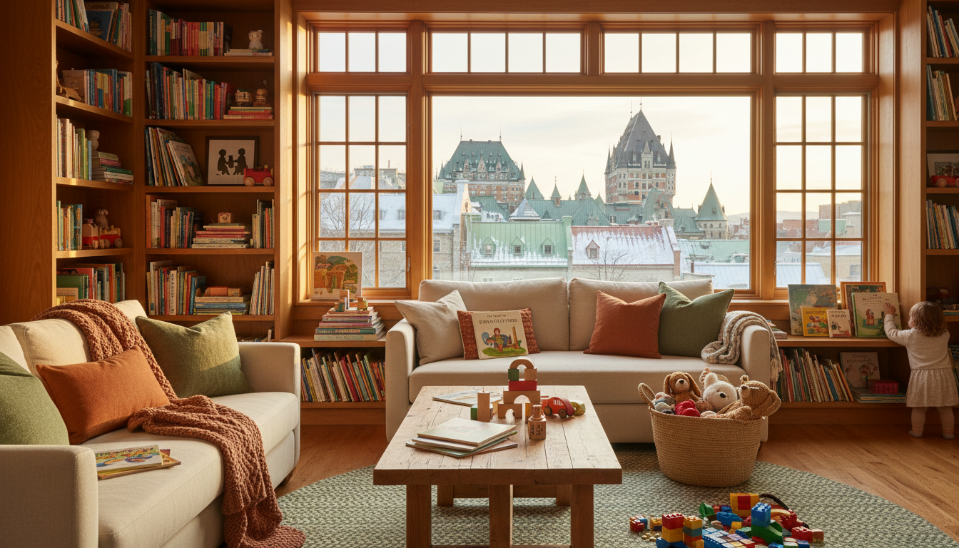 Cozy living room with childrens books on shelves, toys in a basket, large windows showing Quebec Cit