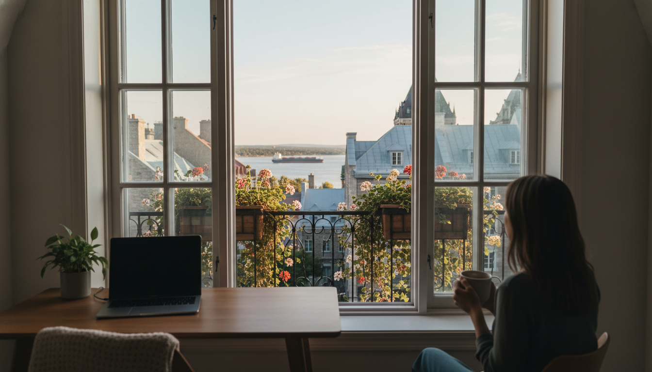 View from a home office window in Old Quebec, showing stone buildings, a wrought-iron balcony with f