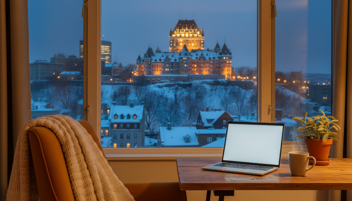 Evening view of Chteau Frontenac lit up against a snowy Quebec City skyline, seen from the terrace o