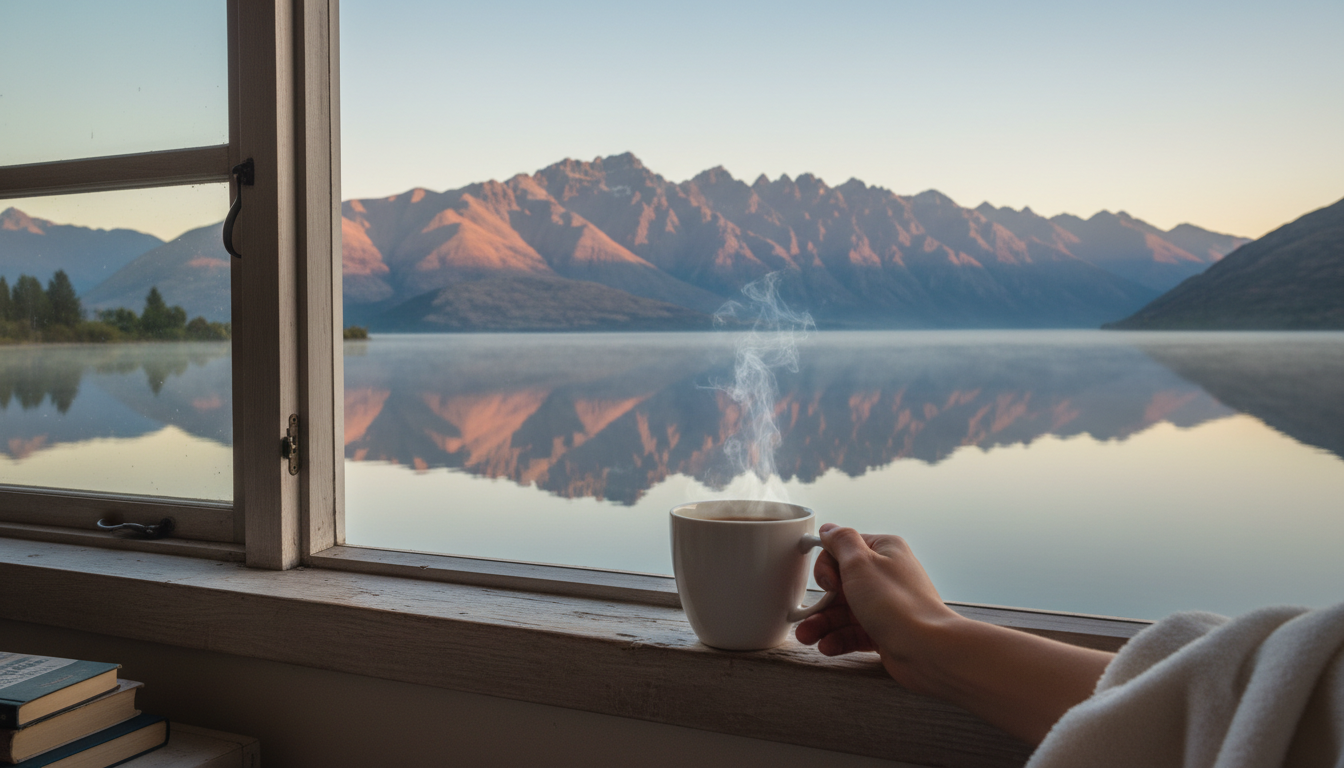 Early morning view of Lake Wakatipu from a cottage window, steam rising from a coffee cup in the for