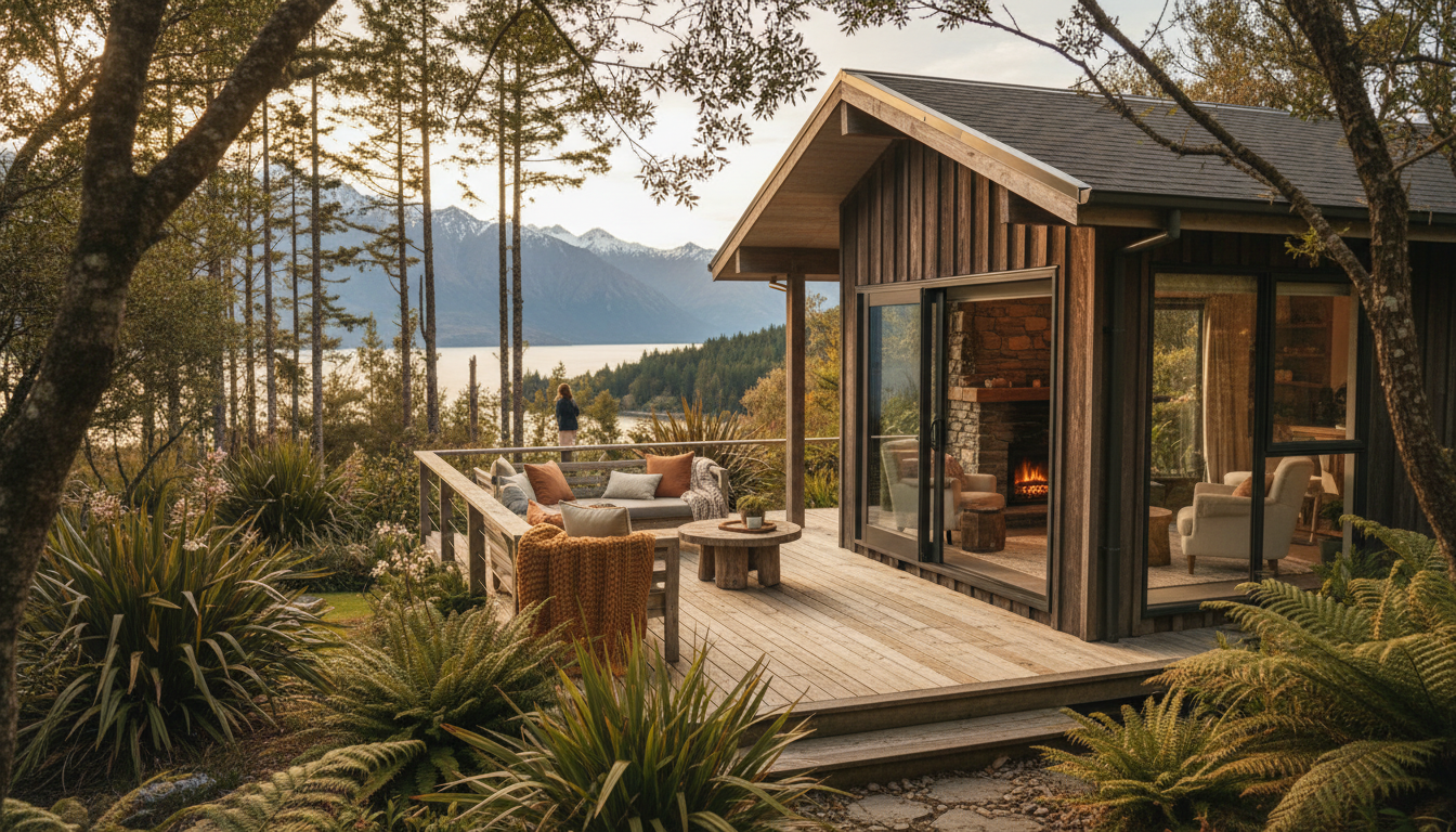 A charming wooden cottage in Fernhill with a wraparound deck, native New Zealand plants in the garde