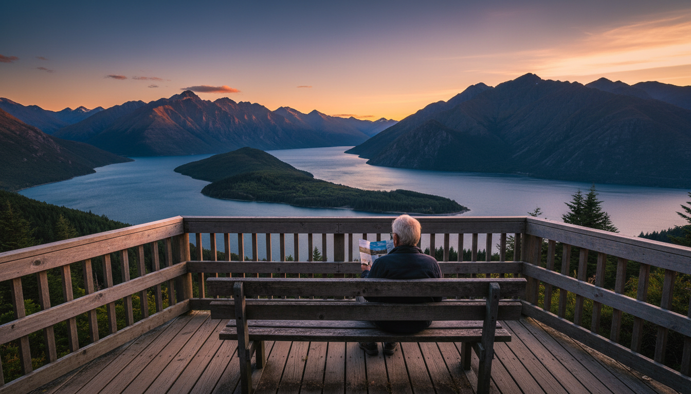 Panoramic view from the Skyline Gondola viewing platform, showing Lake Wakatipu curving through moun