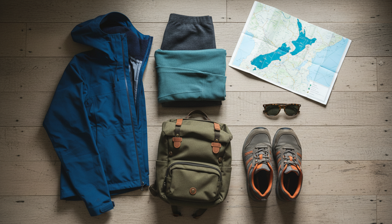 Flat lay of smart packing for Queenstown merino wool layers, waterproof jacket, comfortable walking