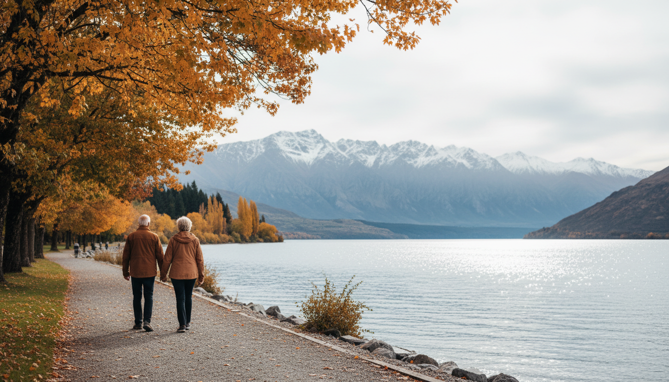 Two retired travelers walking hand-in-hand along the Frankton Arm Walkway, Lake Wakatipu sparkling b