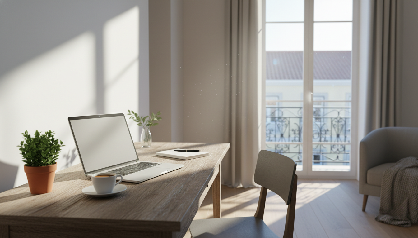 sunlit home office setup in a Lisbon apartment with traditional Portuguese tiles visible through the