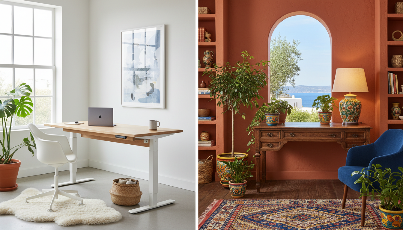 split image showing two home office setups - one minimalist Scandinavian style with standing desk, o