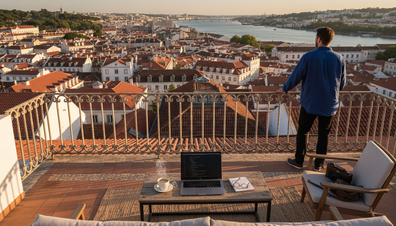 rooftop terrace workspace in Lisbon with laptop, city view showing terracotta rooftops and the Tagus