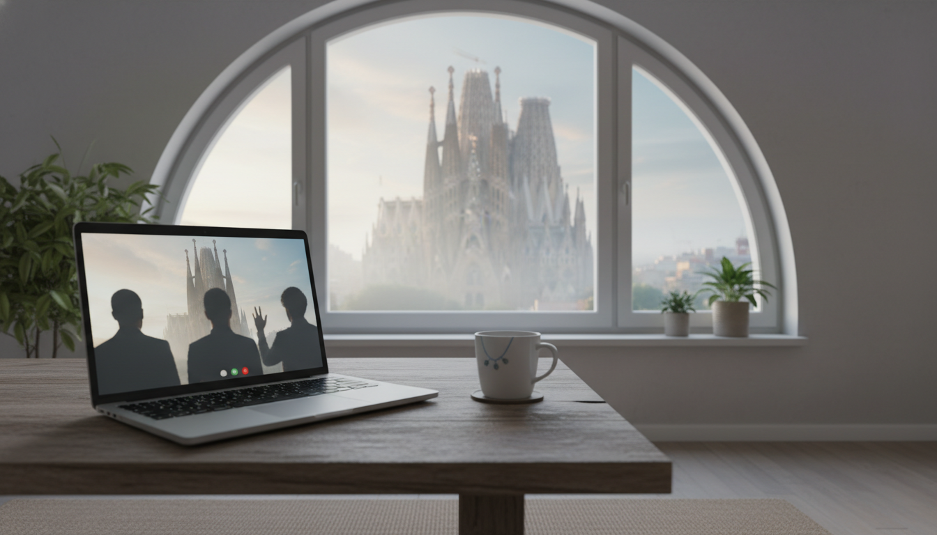 laptop showing video call in progress, with a window view of Barcelonas Sagrada Familia in the backg