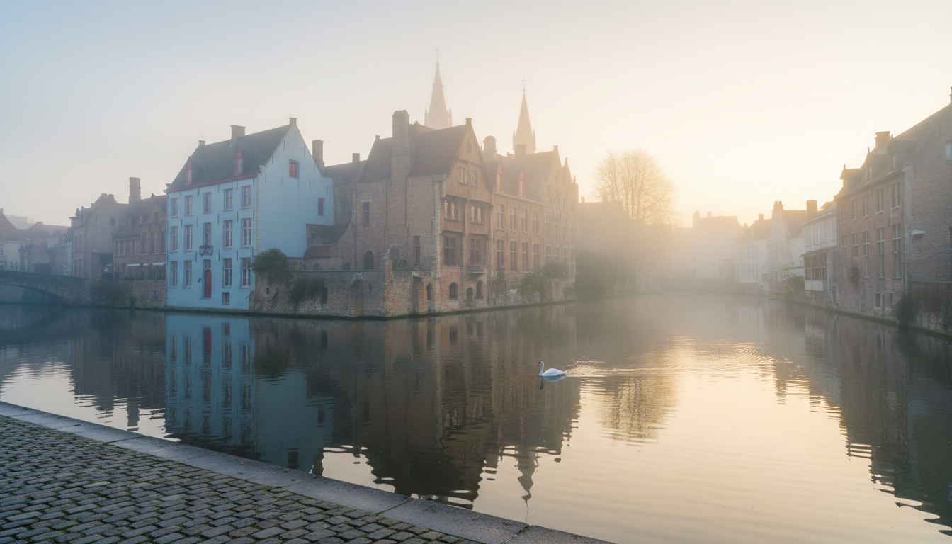 Misty morning view of Bruges Rozenhoedkaai canal with medieval brick buildings reflected in still wa