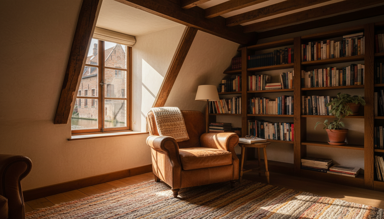 Cozy living room in a traditional Bruges townhouse with exposed wooden beams, a worn leather armchai