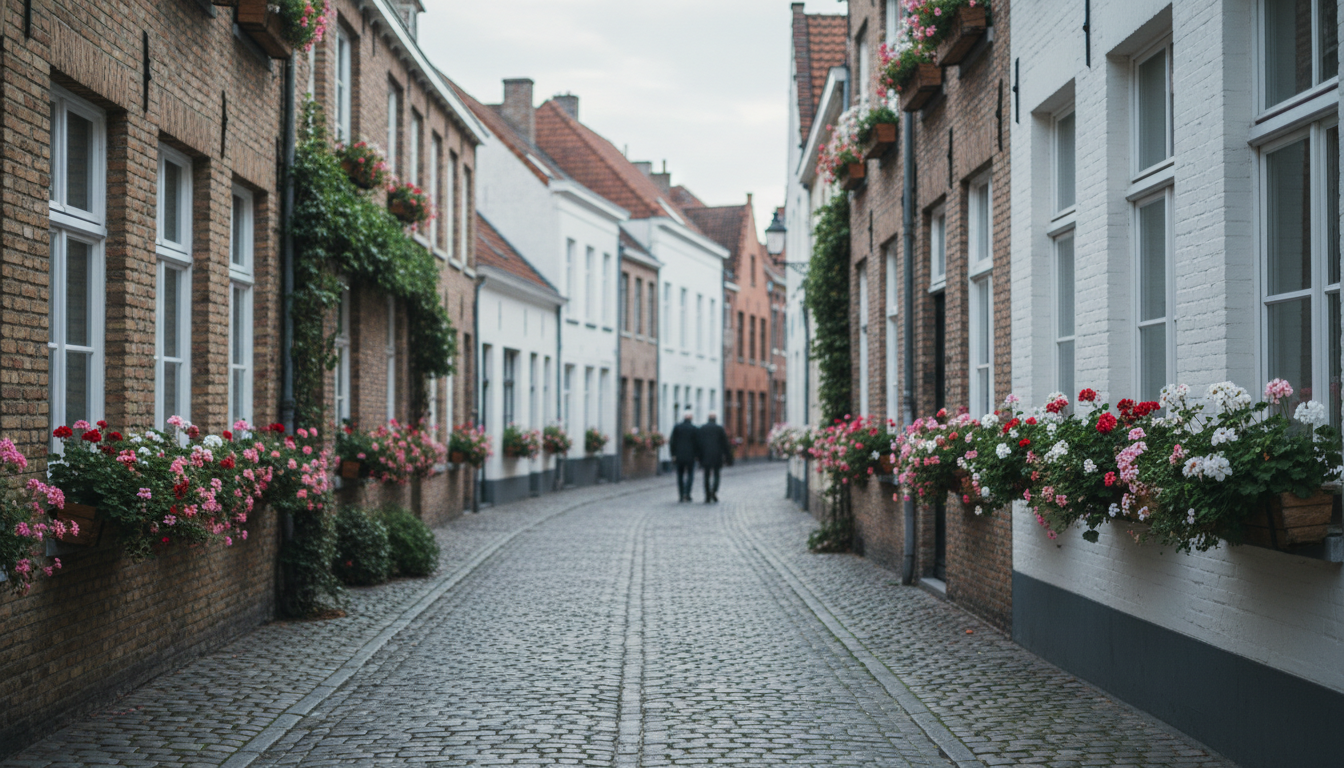 Narrow cobblestone street in Bruges Sint-Anna neighborhood, traditional brick houses with white-trim