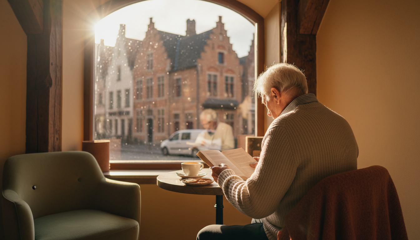 Golden afternoon light in a Bruges caf, elderly traveler reading a book at a window table, half-fini