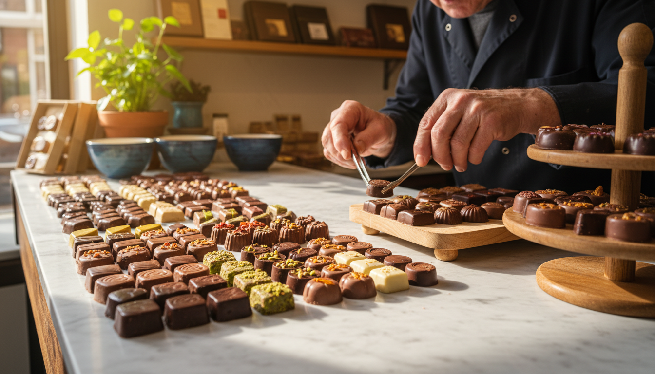 Belgian chocolate pralines arranged on a marble counter in a small artisan shop, warm lighting, hand