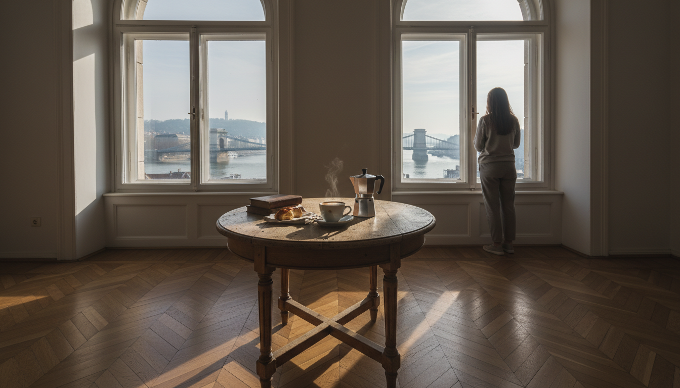 Morning light streaming through tall windows of a classic Budapest apartment, parquet floors, coffee