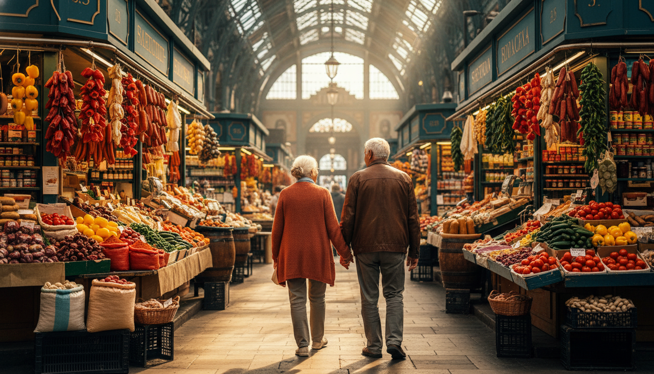 Elderly couple walking hand-in-hand through Budapests Great Market Hall, colorful produce stalls and