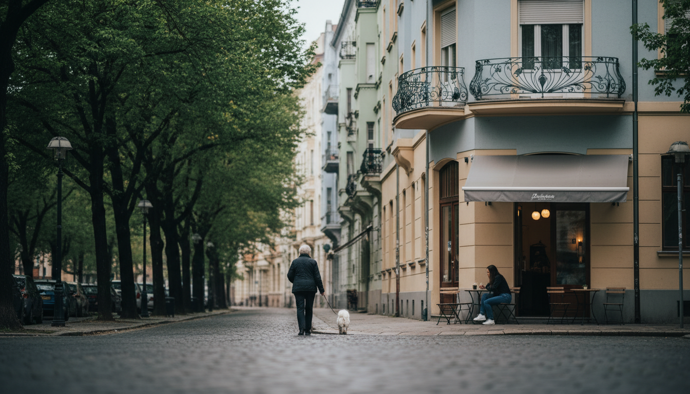 Quiet tree-lined street in Budapests District XIII, Art Nouveau apartment buildings, elderly local w