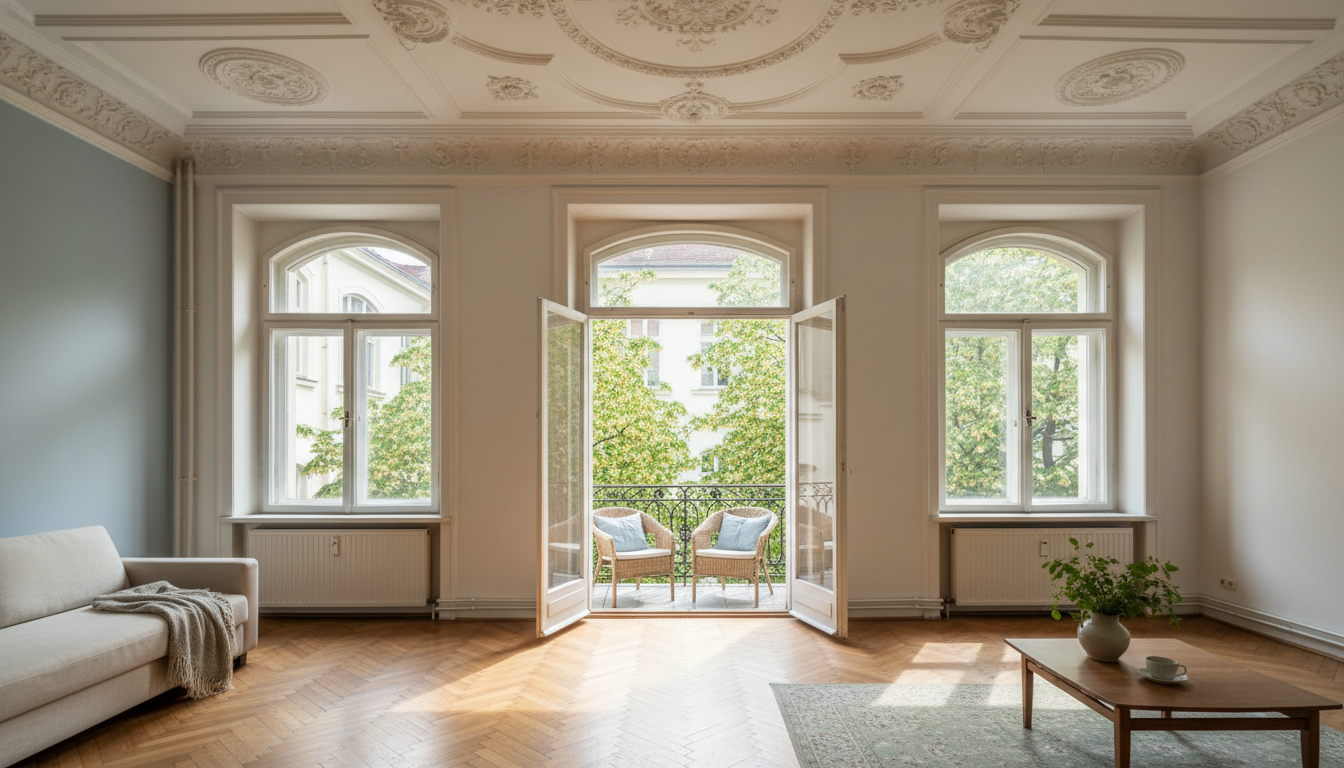 Morning light streaming through the windows of a classic Budapest apartment in the Jewish Quarter, w