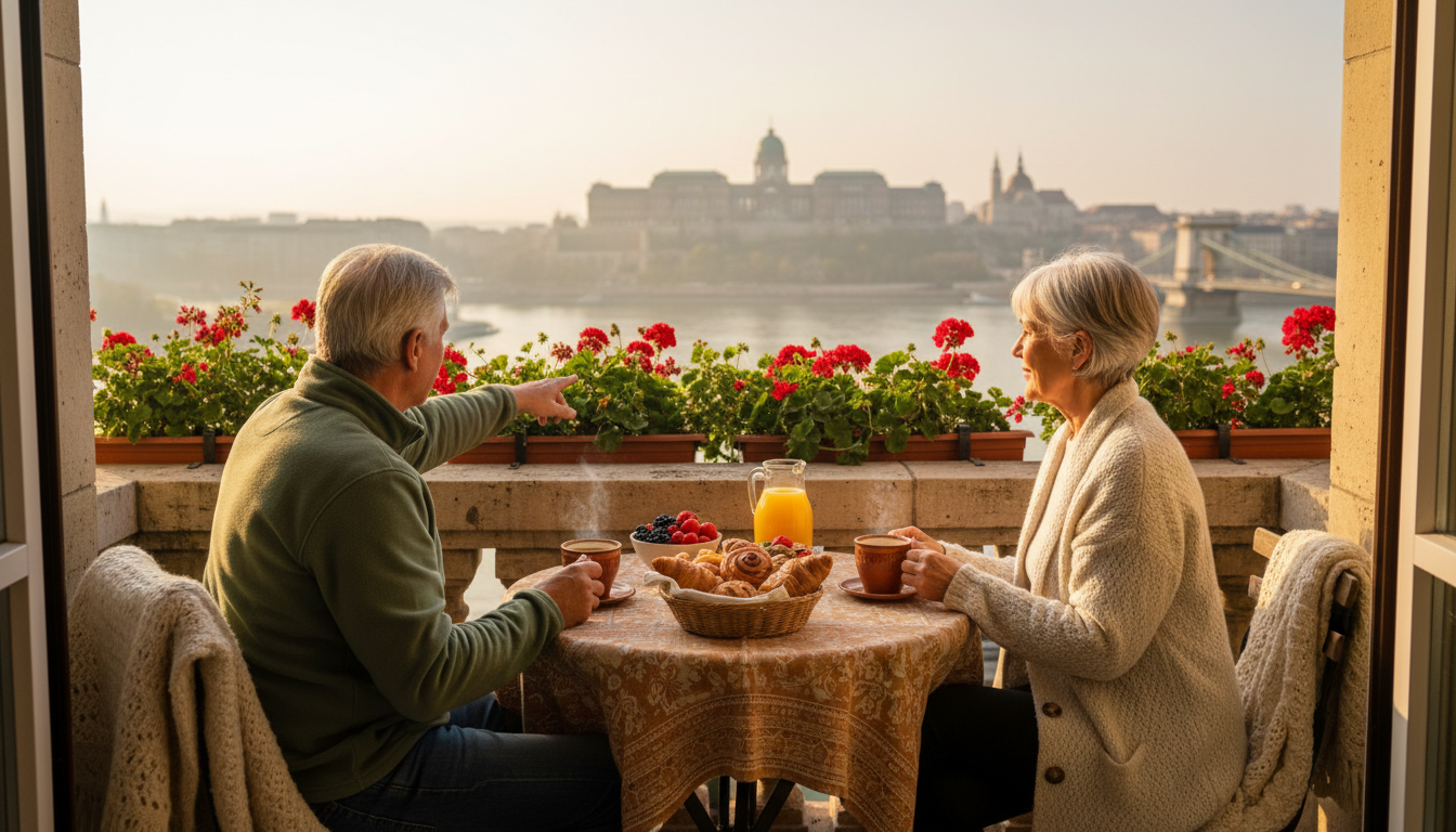 A retired couple enjoying breakfast on a sunlit Budapest balcony with views of Buda Castle across th