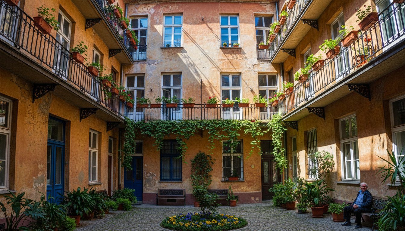 The interior courtyard of a traditional Budapest apartment building in District VII, with wrought-ir
