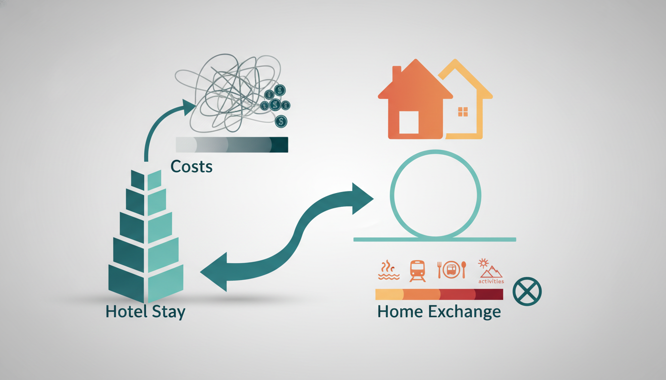 Infographic comparing costs Hotel stay 28 nights showing 2,800-4,200 vs Home Exchange showing 0 acco