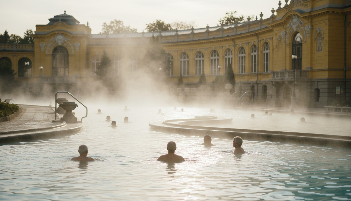 A peaceful morning scene at Szchenyi Thermal Baths, with steam rising from the outdoor pools, ornate