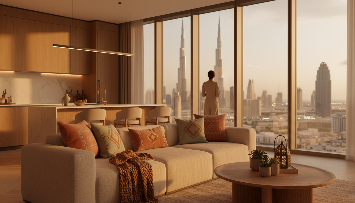 modern Dubai apartment interior with floor-to-ceiling windows overlooking Burj Khalifa, comfortable