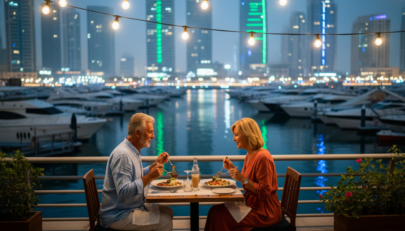 evening scene at Dubai Marina promenade, outdoor caf tables with retiree couple enjoying dinner, boa