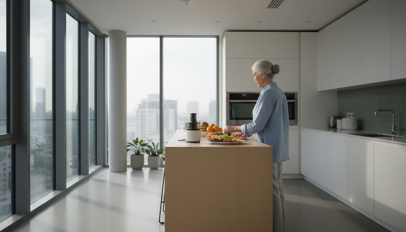 retiree woman in casual clothes preparing breakfast in a bright Dubai apartment kitchen, fresh fruit
