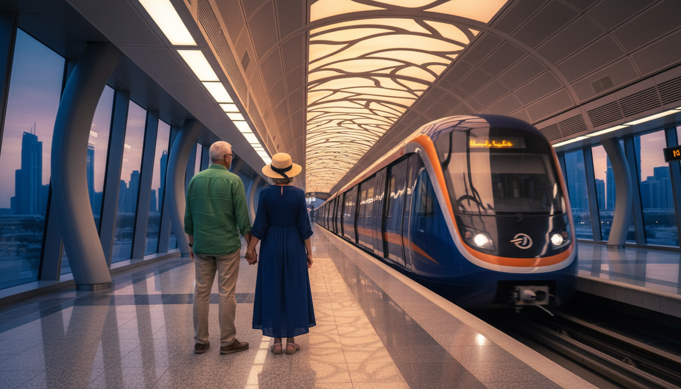 Dubai Metro train arriving at station with retiree couple waiting on platform, modern architecture,
