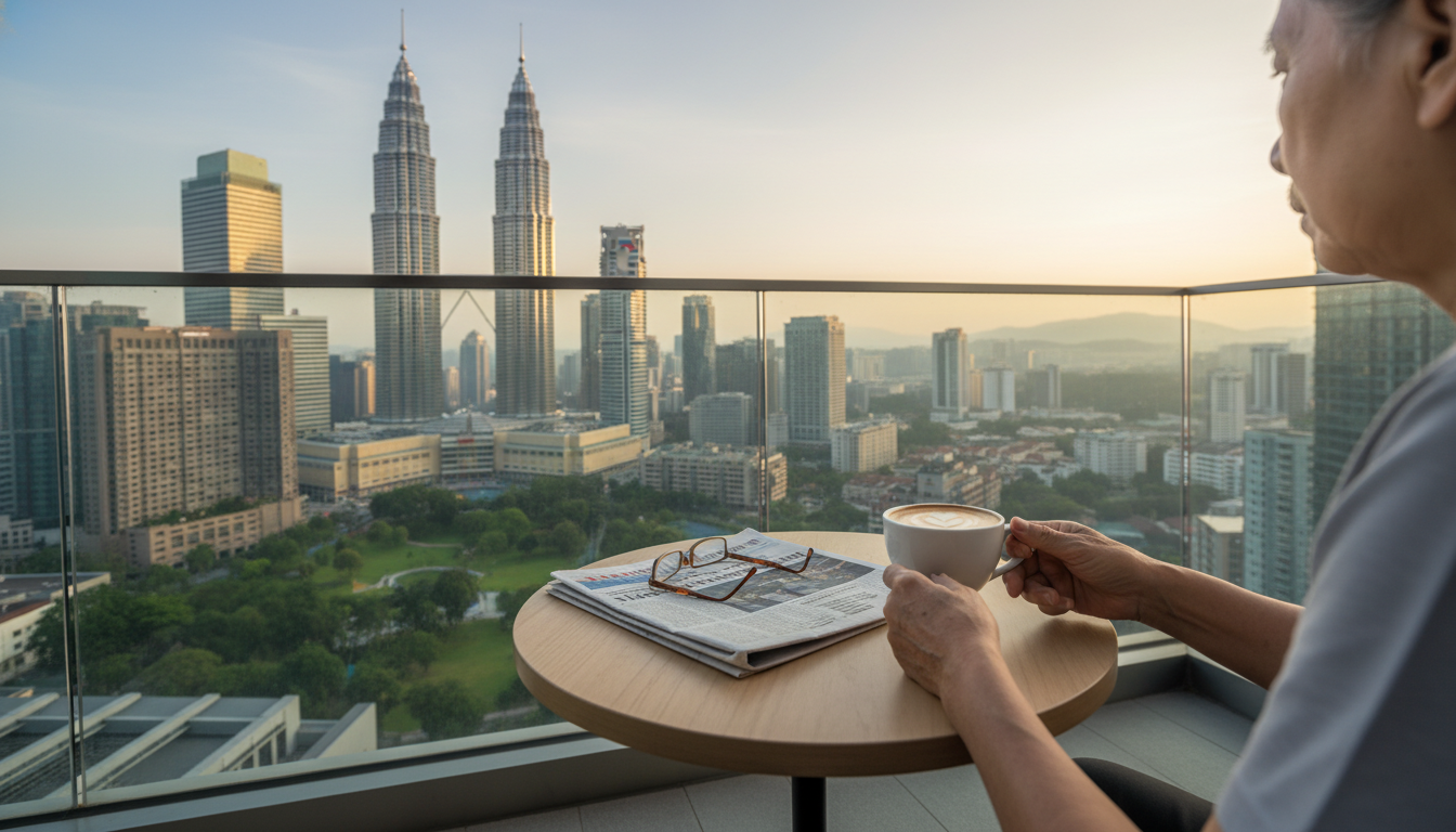 Morning view from a high-rise apartment balcony in Kuala Lumpurs KLCC district, showing the Petronas