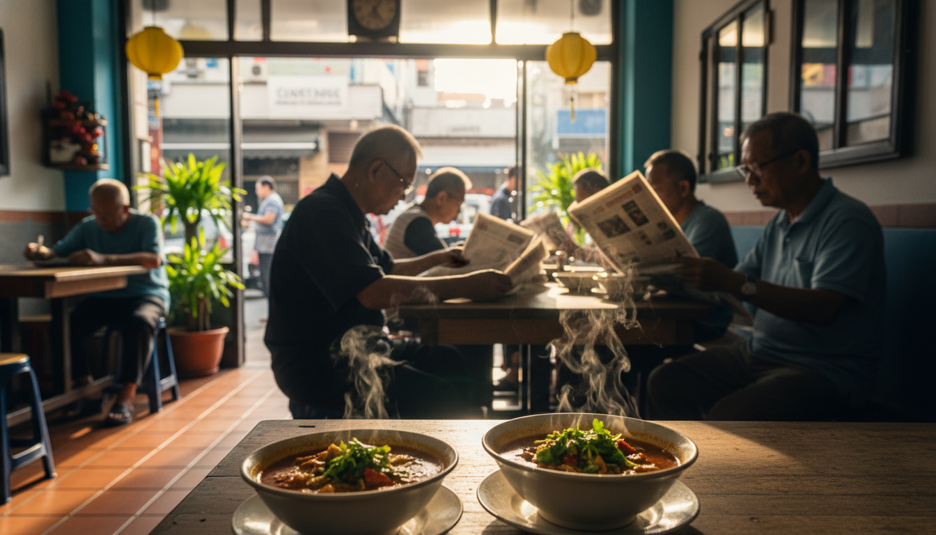 Bustling morning scene at a traditional kopitiam coffee shop in Kuala Lumpurs Chow Kit neighborhood,