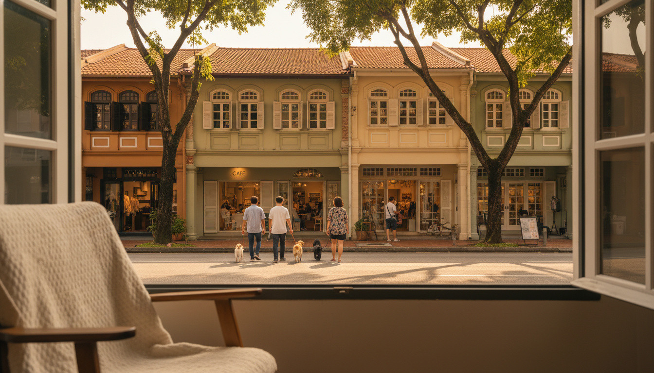 Quiet tree-lined street in Bangsar, Kuala Lumpur, with colonial-era shophouses converted into cafes