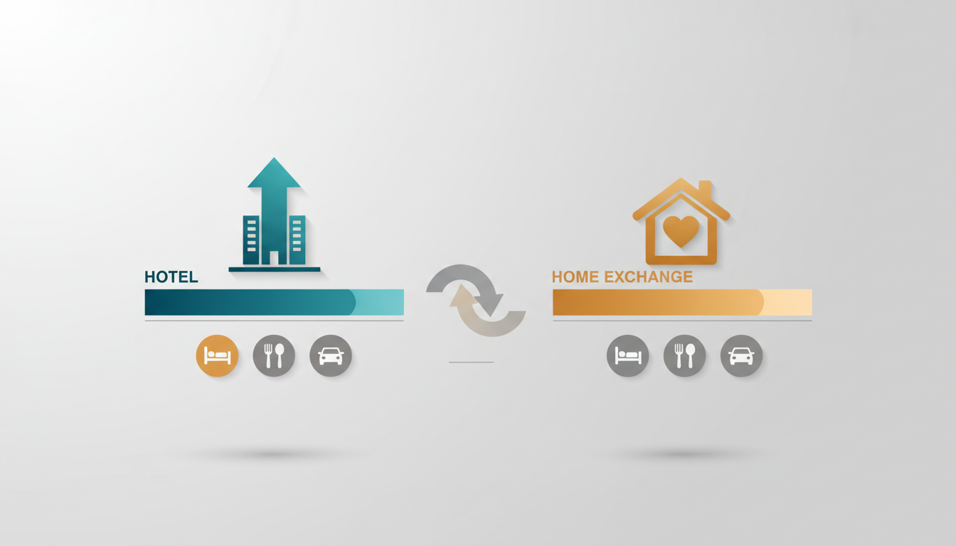 Infographic showing cost comparison 3-week Kuala Lumpur trip via hotel 3,500-5,000 vs home exchange