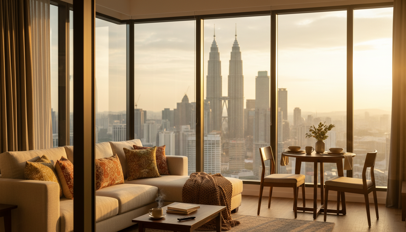 Cozy living room in a modern Kuala Lumpur apartment with floor-to-ceiling windows overlooking the ci