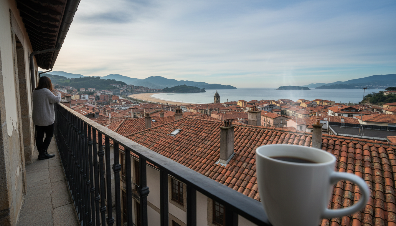 Morning view from a traditional Basque apartment balcony overlooking the old towns terracotta roofto