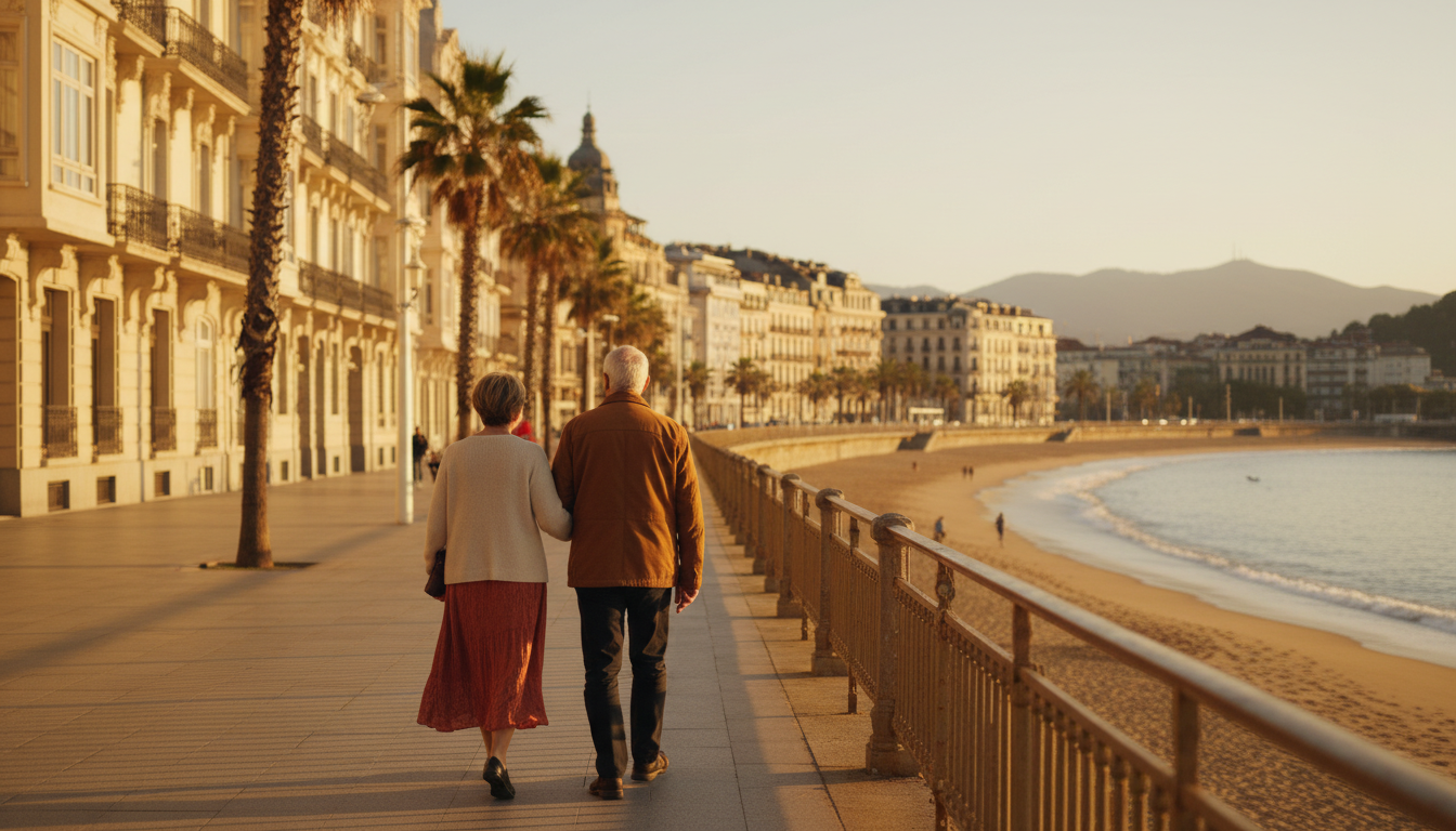 Elderly couple walking arm-in-arm along La Concha promenade at golden hour, Belle poque buildings on
