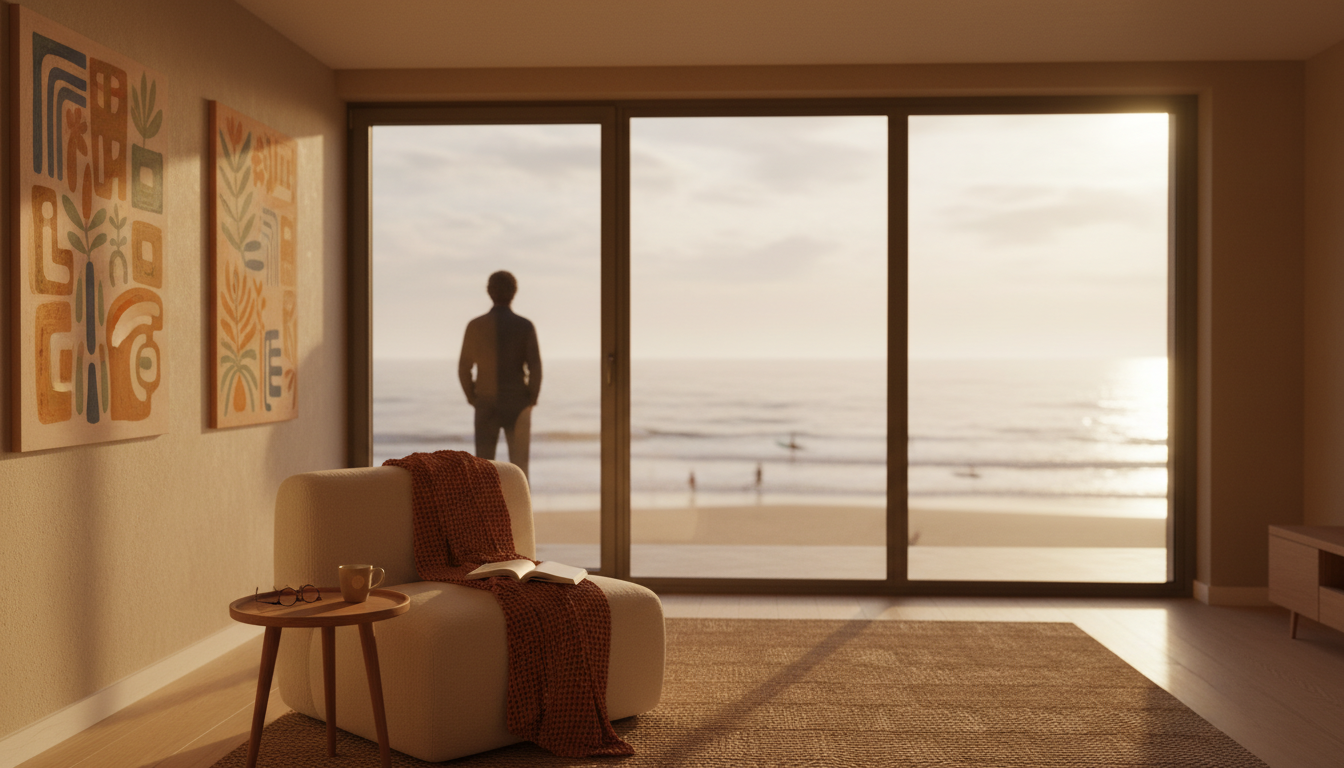 Interior of a bright, modern apartment in Gros neighborhood with large windows showing Zurriola beac