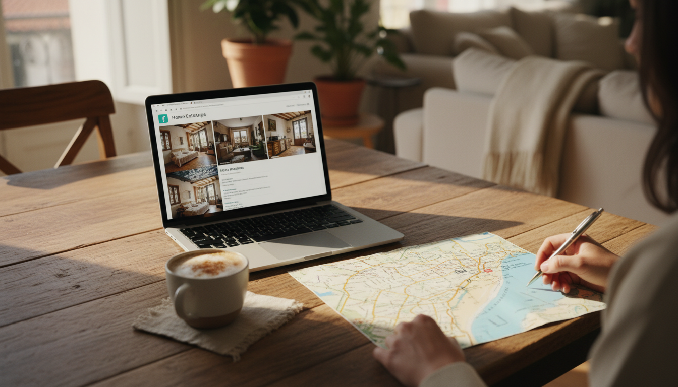 Laptop open on a wooden dining table showing a home exchange listing, with a cup of Basque coffee an